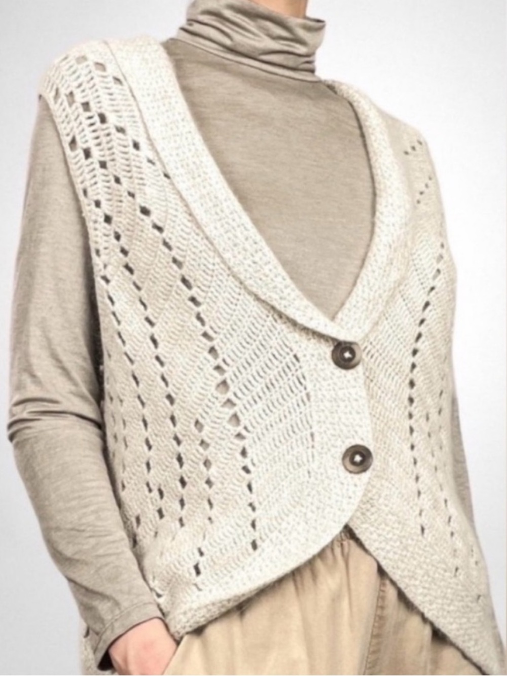 CAbi Beige Angora Blend Openwork Crochet Pointelle Shawl Collar Sweater Vest M